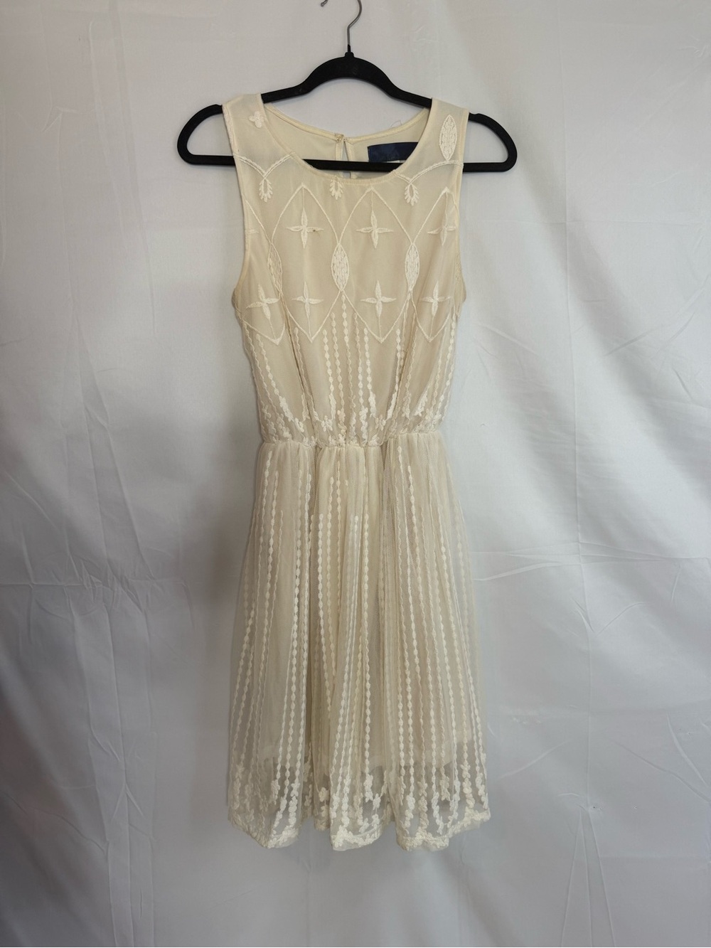 Blue Rain Ivory Embroidered Mesh Fit & Flare Dress Size Large Boho Sleeveless